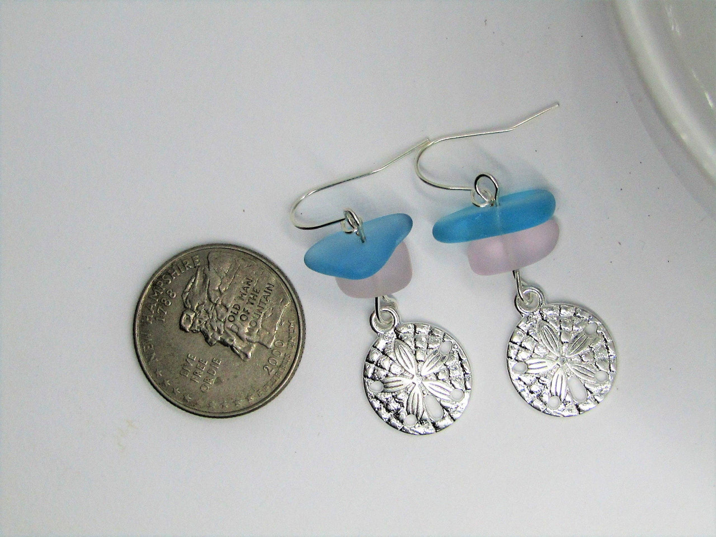 Pink & Blue Sea Glass Earrings, Sand Dollar Shell Charm, Beach Earrings