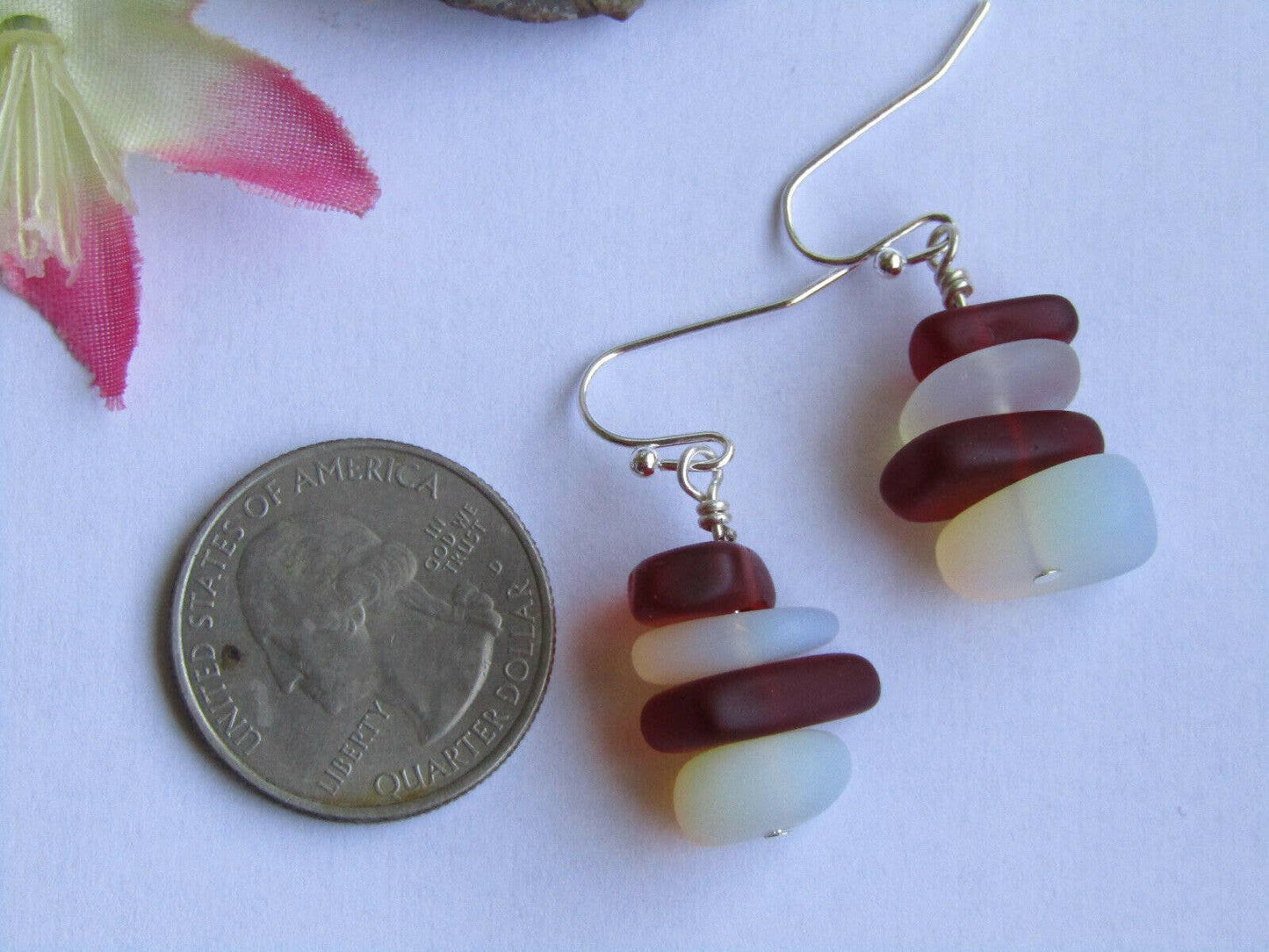 Moonstone Opal & Red Sea Glass Pebble Earrings Silver Plated