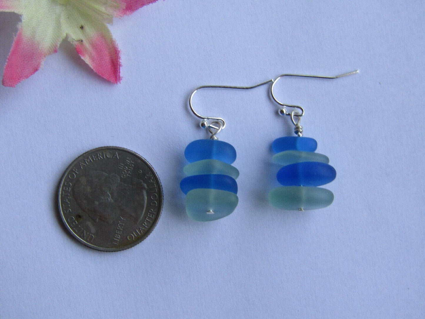 Light Blue & Dark Blue Sea Glass Pebble Earrings Silver Plated