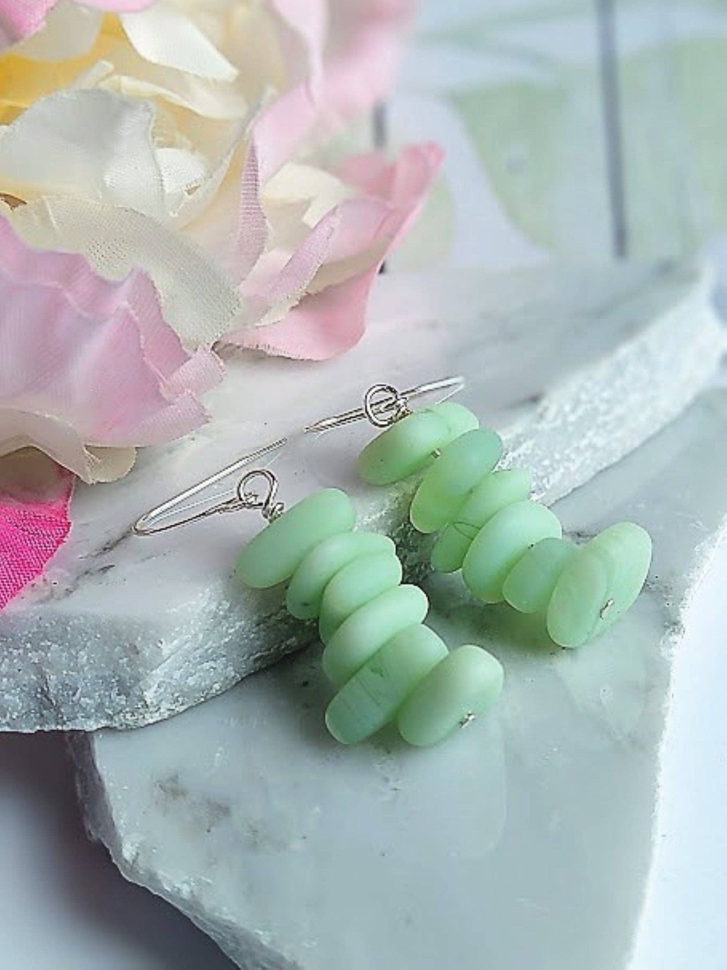 Mint Green Pebble Shaped Stacked Sea Glass Silver Ladies Dangle Earrings