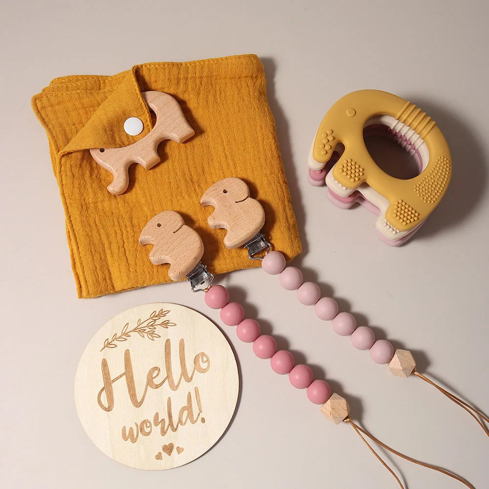 Elephant Teething Gift Set – Silicone & Wooden Teethers, Pacifier Clip & Milestone Keepsake (5-Piece Set)