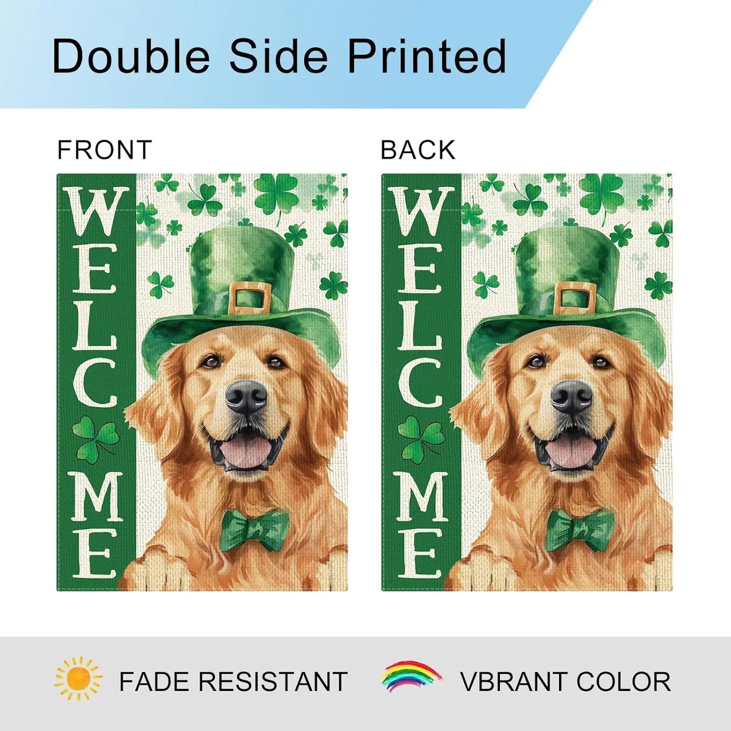 St. Patrick’s Day Golden Retriever Garden Flag – Welcome Shamrock Dog Flag