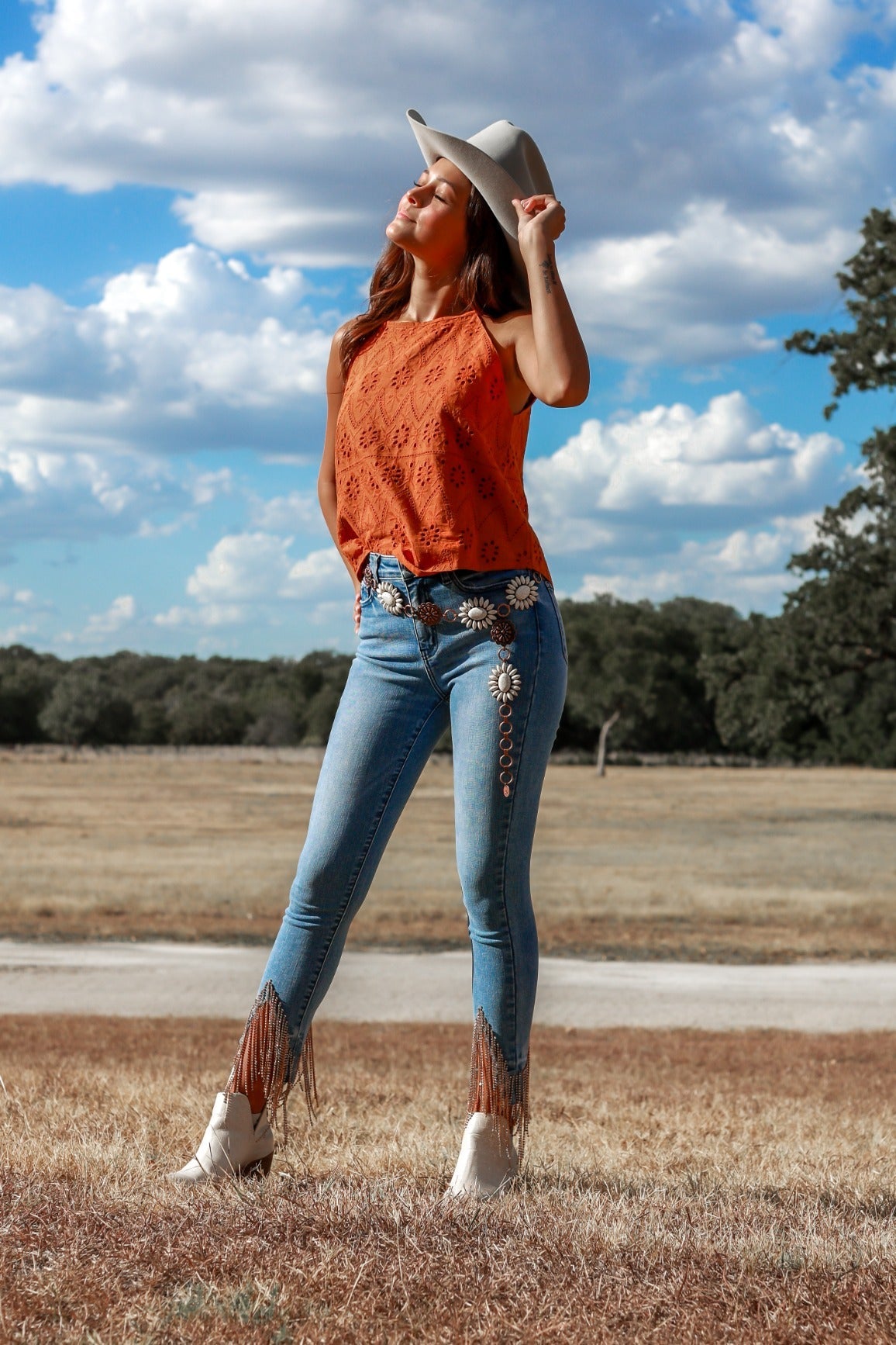 Forever Chasing Cowboys Copper Cream Floral Concho Link Belt Plus