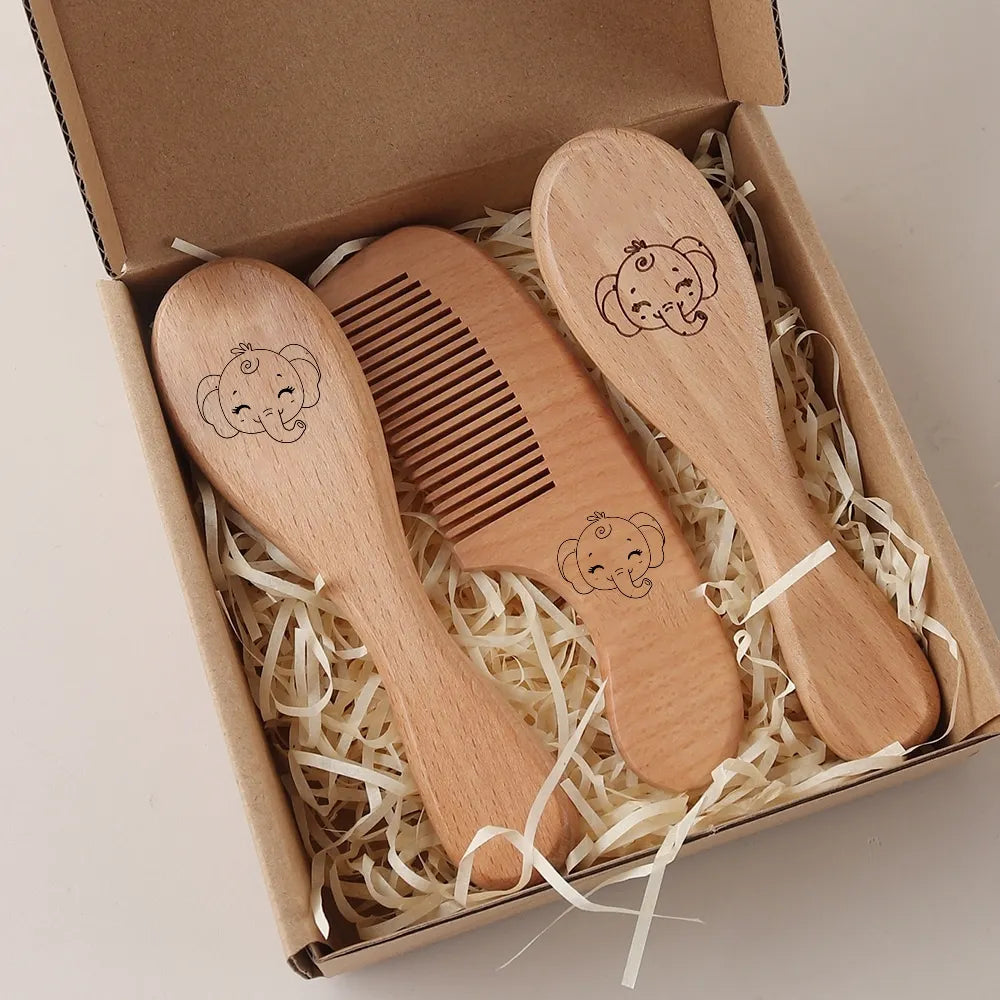 Baby’s First Wooden Brush & Comb Set – Natural Beech Wood Grooming Kit (3-Piece Gift Box)