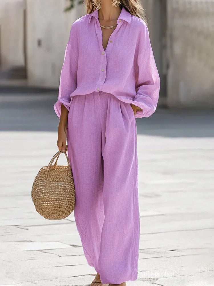 Lightweight Button-Up Lounge Set – Relaxed Top & Wide Leg Pants