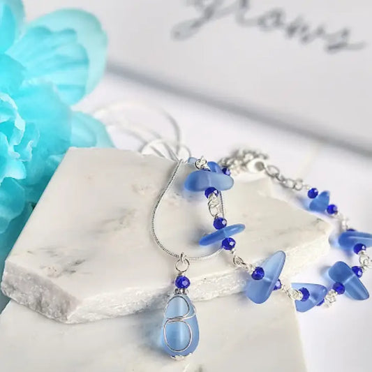 Cobalt Blue Sea Glass "Loop" Necklace, Beach Earrings, Bracelet