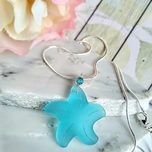 Caribbean Blue Starfish Sea Glass Pendant
