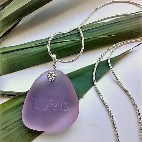 Engraved Inspirational "Love" Purple Sea Glass Pendant