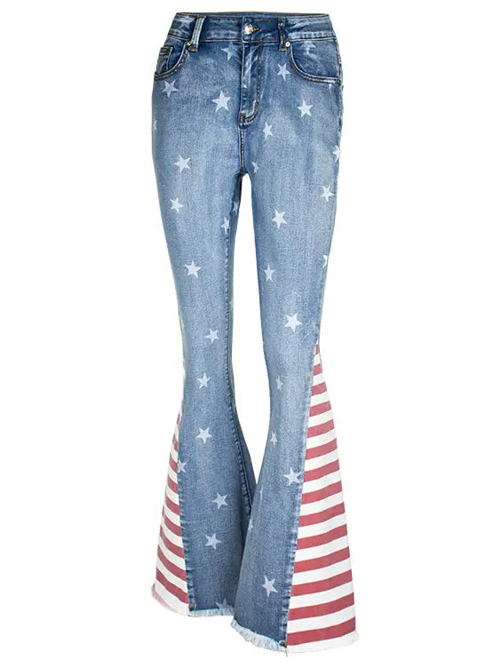 American Flag Print Star Patterned Flared Jeans