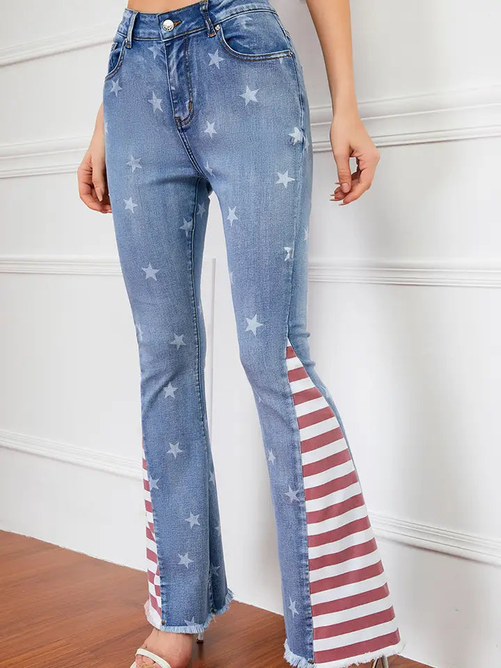 American Flag Print Star Patterned Flared Jeans