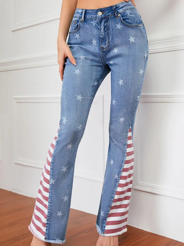 American Flag Print Star Patterned Flared Jeans