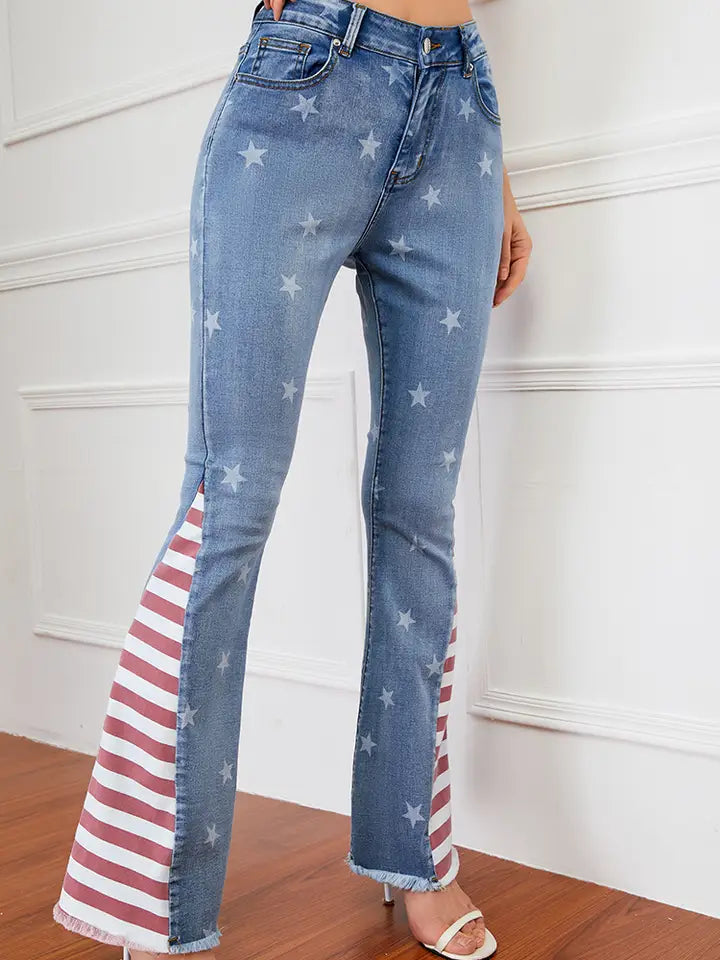 American Flag Print Star Patterned Flared Jeans