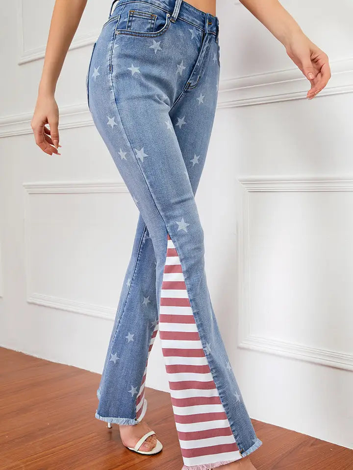 American Flag Print Star Patterned Flared Jeans