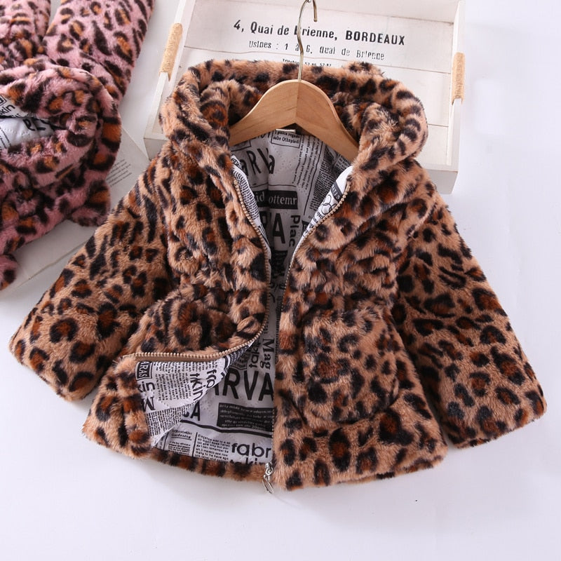 Girls Leopard Print Hooded Jacket | Cozy Faux Fur Zip-Up | 2T–7