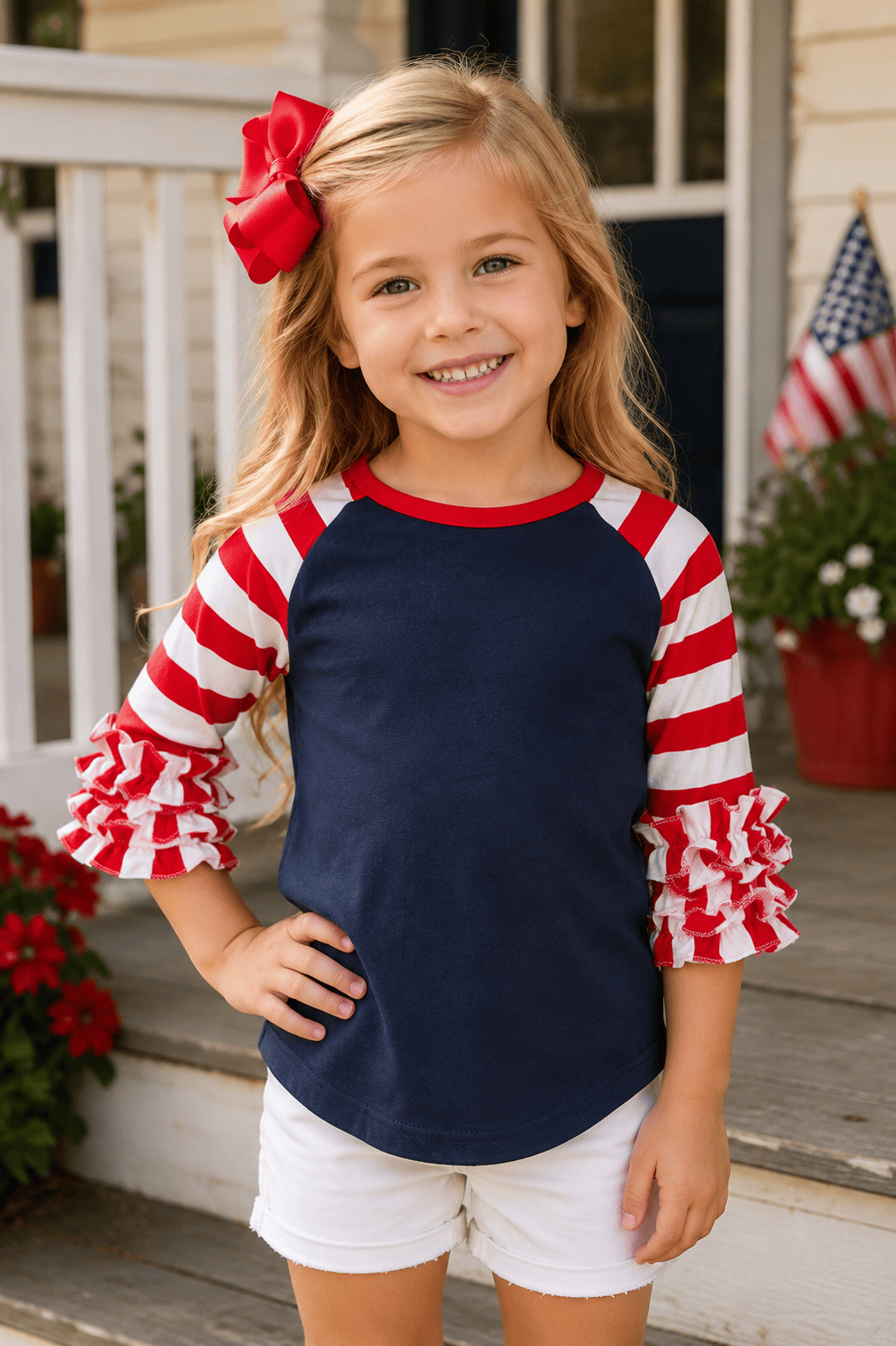 July 4th Striped Navy Red White Ruffle Top Kids
