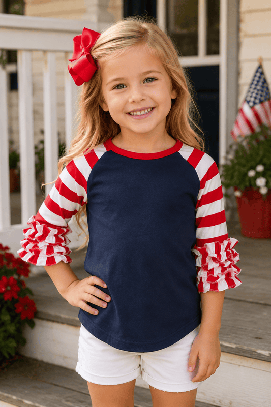 July 4th Striped Navy Red White Ruffle Top Kids