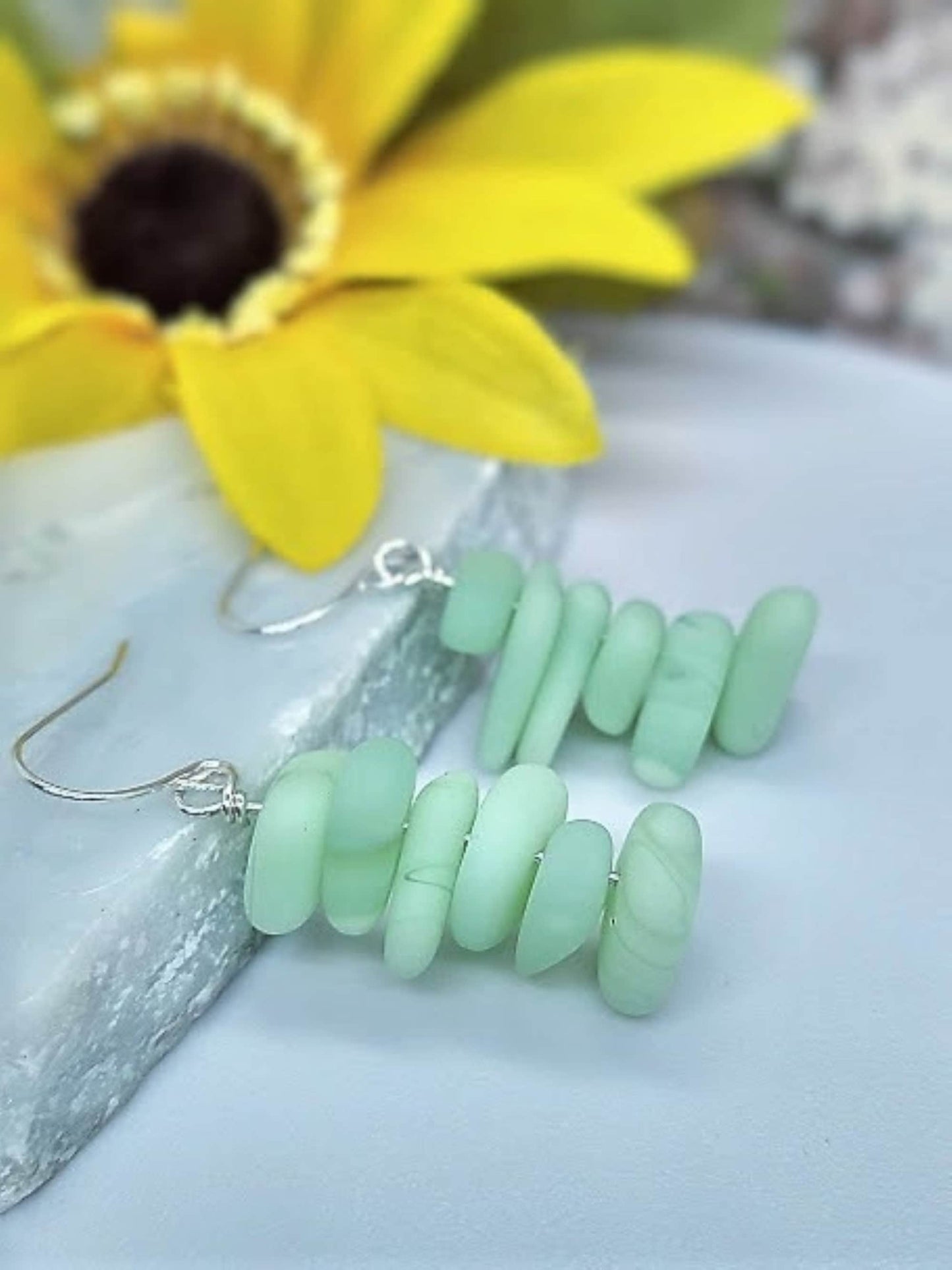 Mint Green Pebble Shaped Stacked Sea Glass Silver Ladies Dangle Earrings
