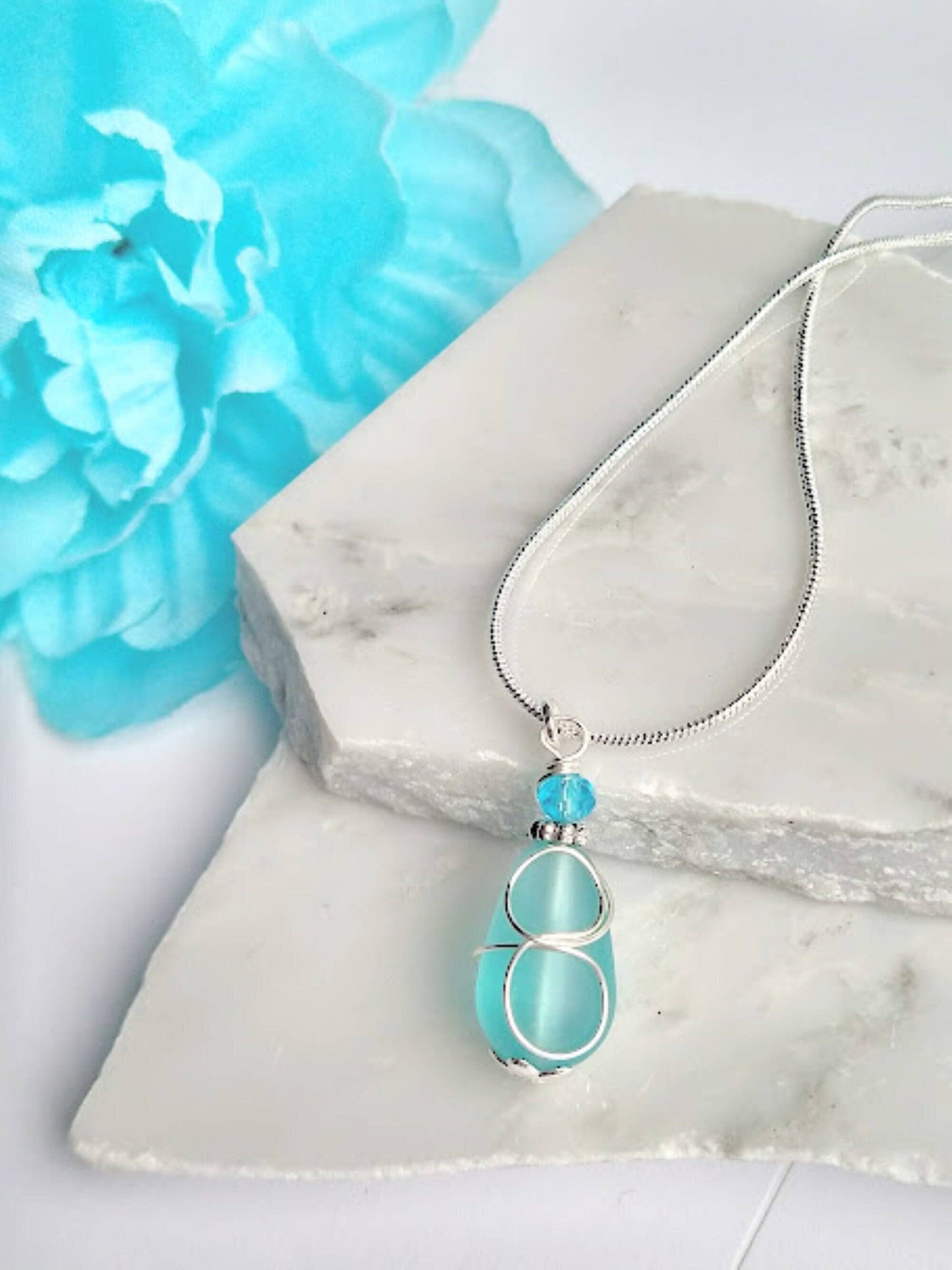 Caribbean Blue Sea Glass "loop" Silver Snake Chain Necklace