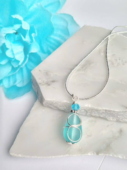 Caribbean Blue Sea Glass "loop" Silver Snake Chain Necklace