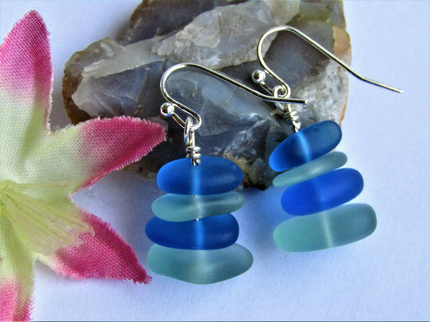 Light Blue & Dark Blue Sea Glass Pebble Earrings Silver Plated