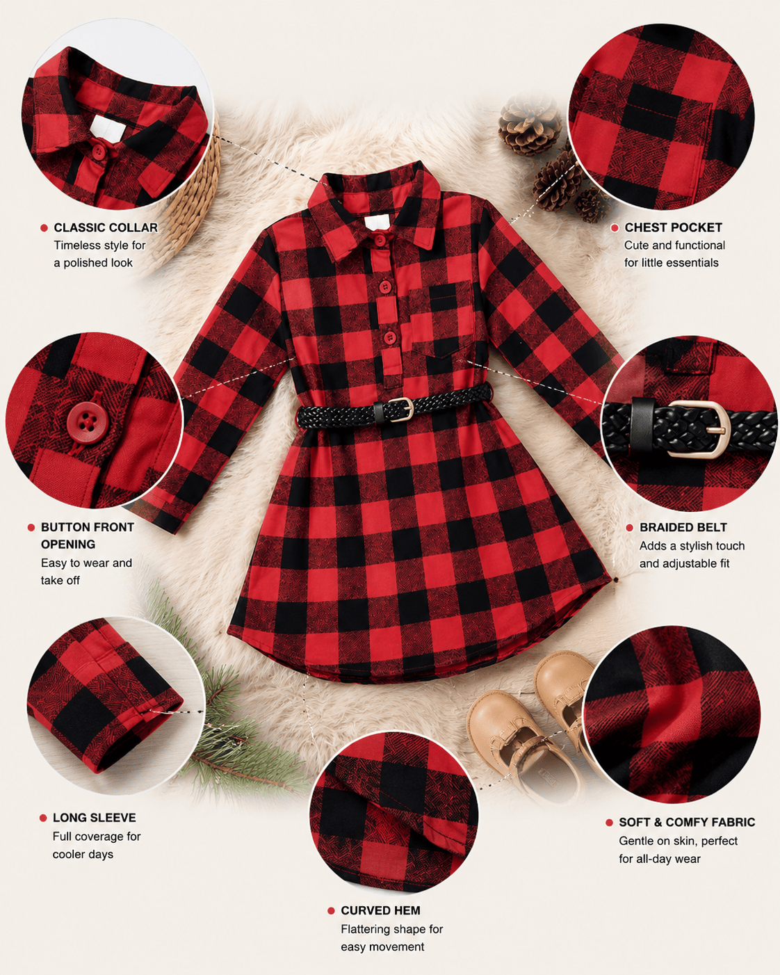 Red Plaid Belt Buckle Dress Kids