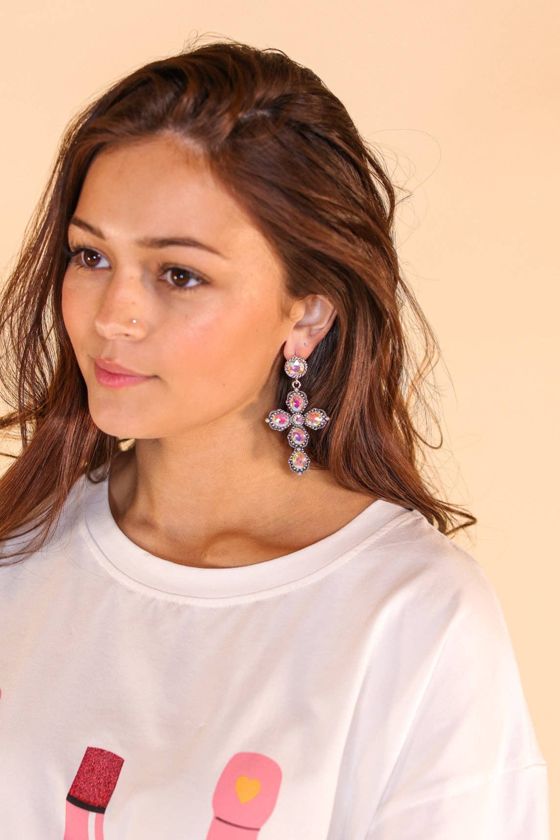 Silver Crystal Cross Earrings