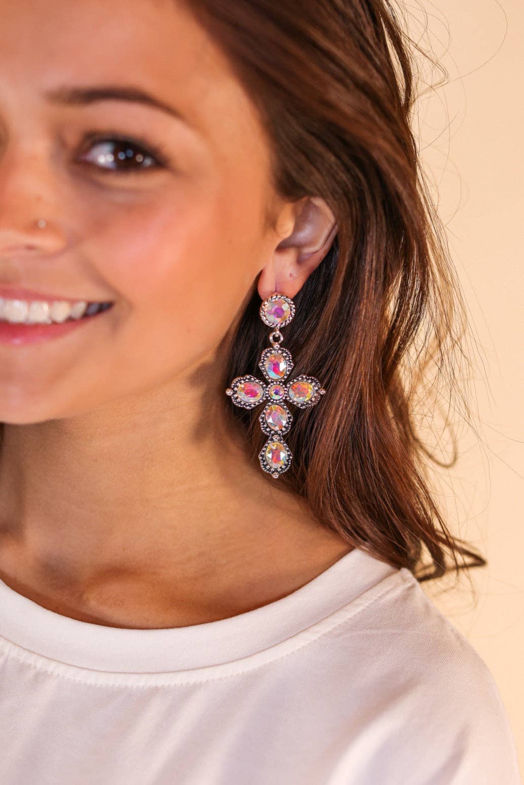 Silver Crystal Cross Earrings