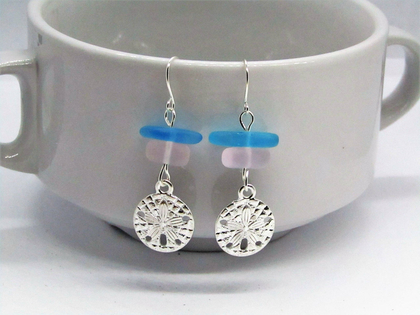 Pink & Blue Sea Glass Earrings, Sand Dollar Shell Charm, Beach Earrings