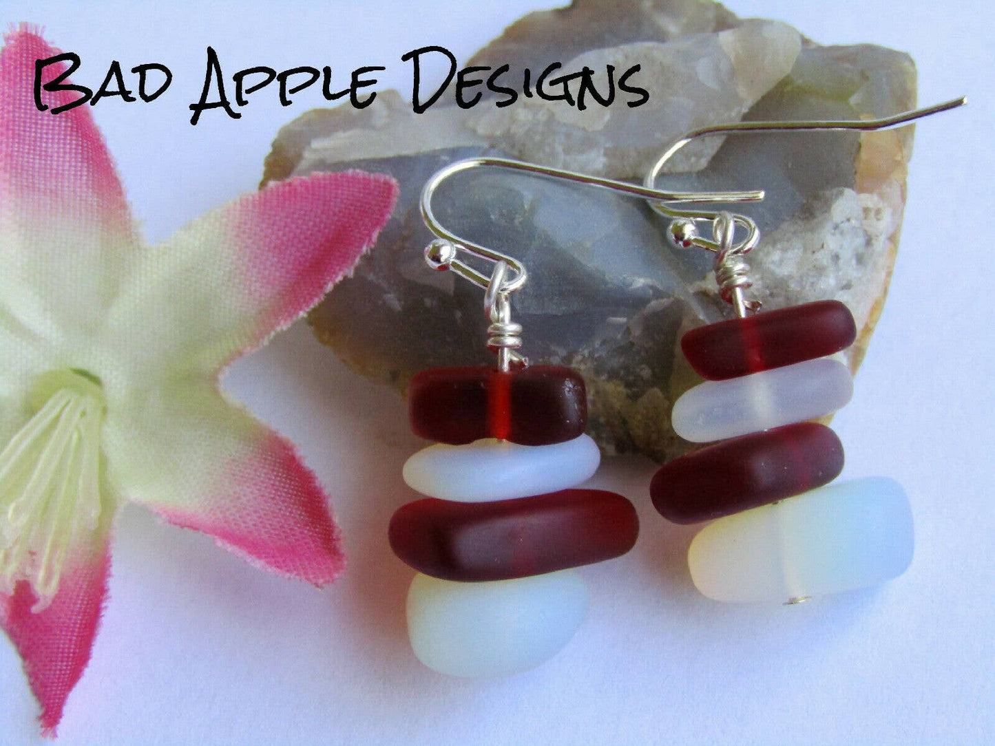 Moonstone Opal & Red Sea Glass Pebble Earrings Silver Plated