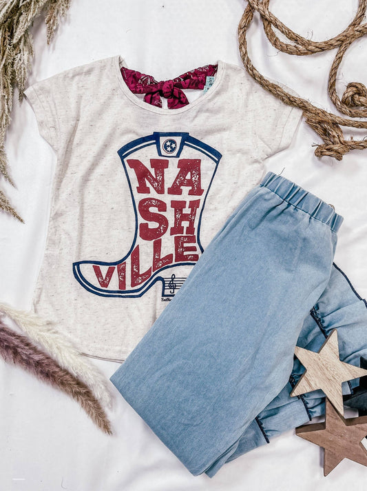 Girls' Nashville Boot on Heathered Beige Tee with Bow Back Detail