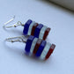 Handmade Stacked Red, White & Blue Sea Glass Beach Stone Pebble Silver Earrings