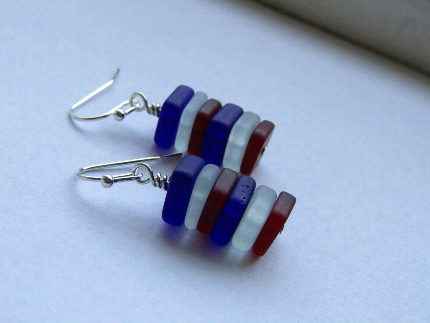 Handmade Stacked Red, White & Blue Sea Glass Beach Stone Pebble Silver Earrings