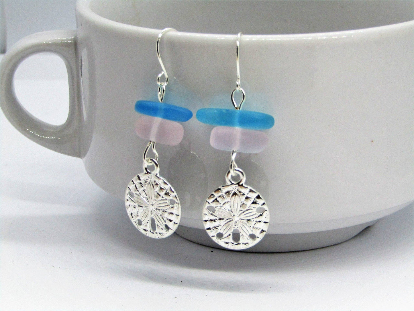 Pink & Blue Sea Glass Earrings, Sand Dollar Shell Charm, Beach Earrings