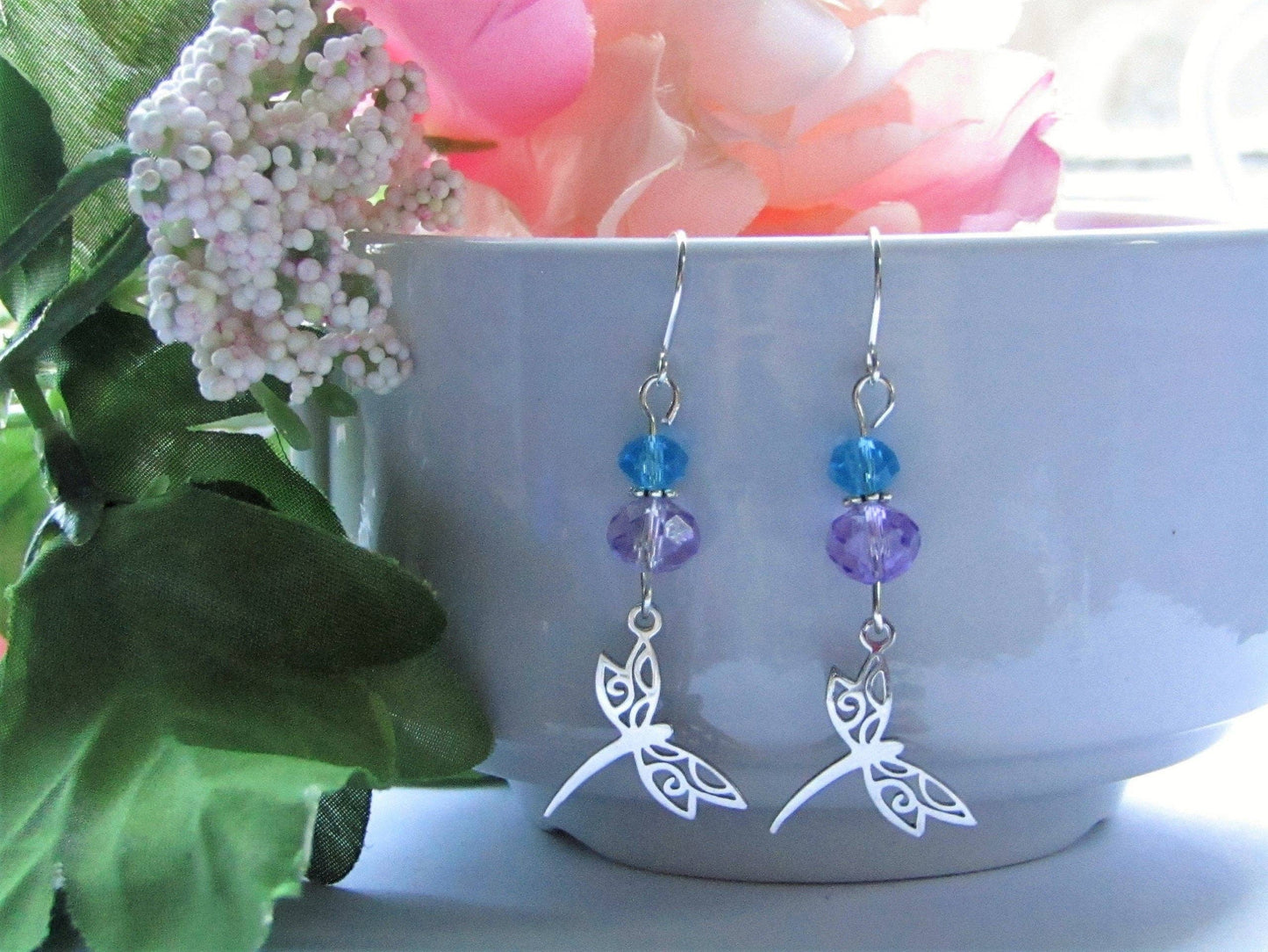 Purple & Blue Glass Stainless Steel Dragonfly Charm Silver Dangle Earrings