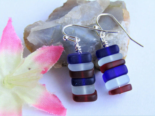 Handmade Stacked Red, White & Blue Sea Glass Beach Stone Pebble Silver Earrings