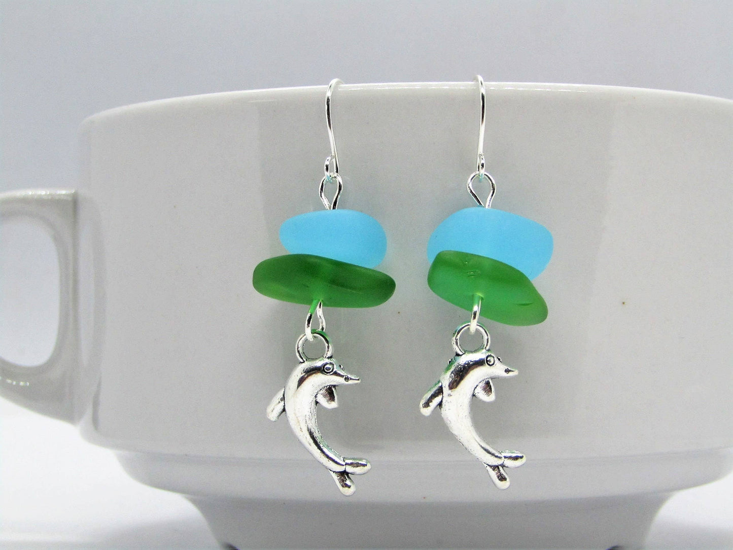Sea Glass Dolphin Earrings: Sterling Silver, Beach Jewelry