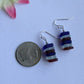 Handmade Stacked Red, White & Blue Sea Glass Beach Stone Pebble Silver Earrings