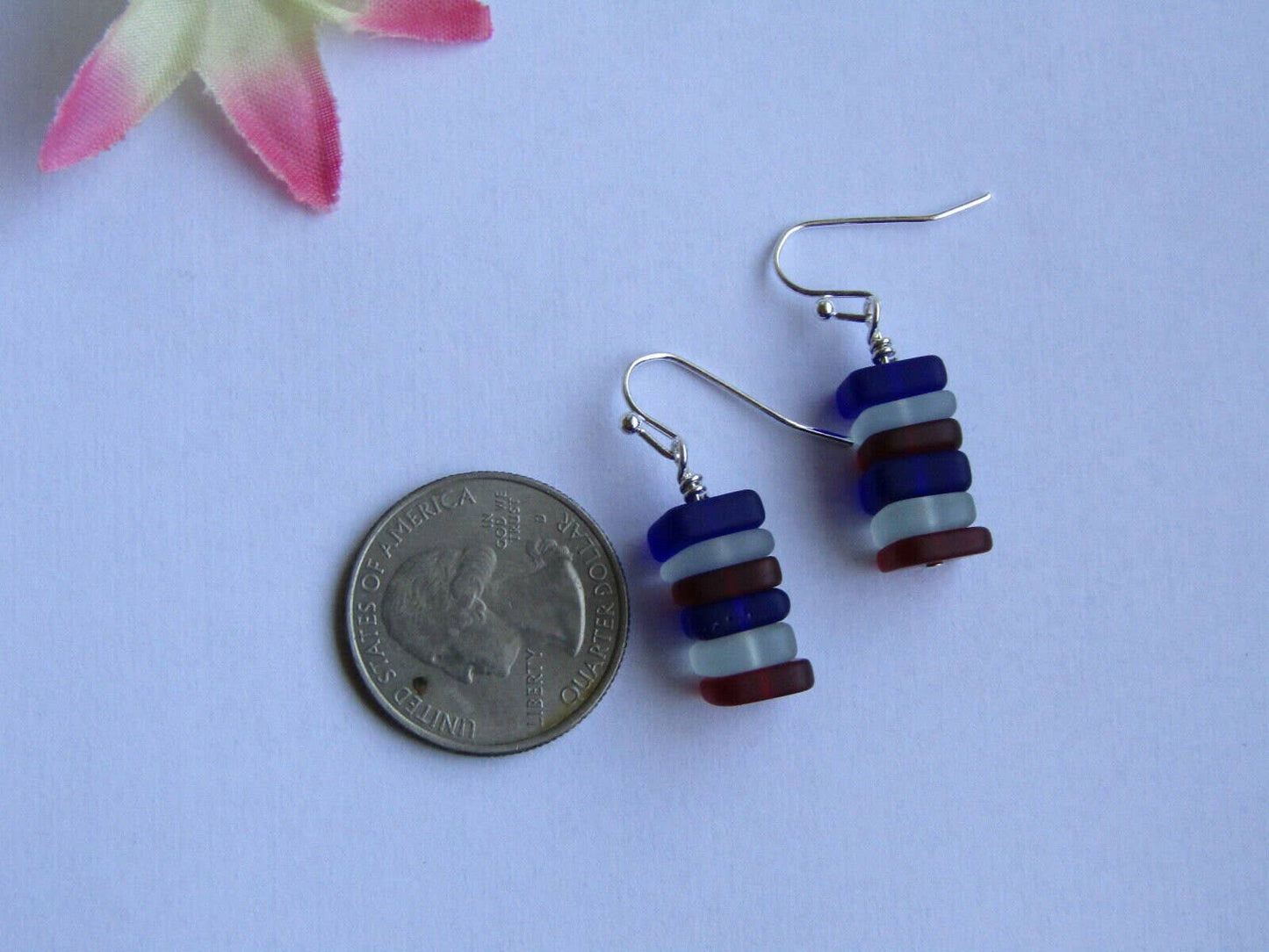 Handmade Stacked Red, White & Blue Sea Glass Beach Stone Pebble Silver Earrings