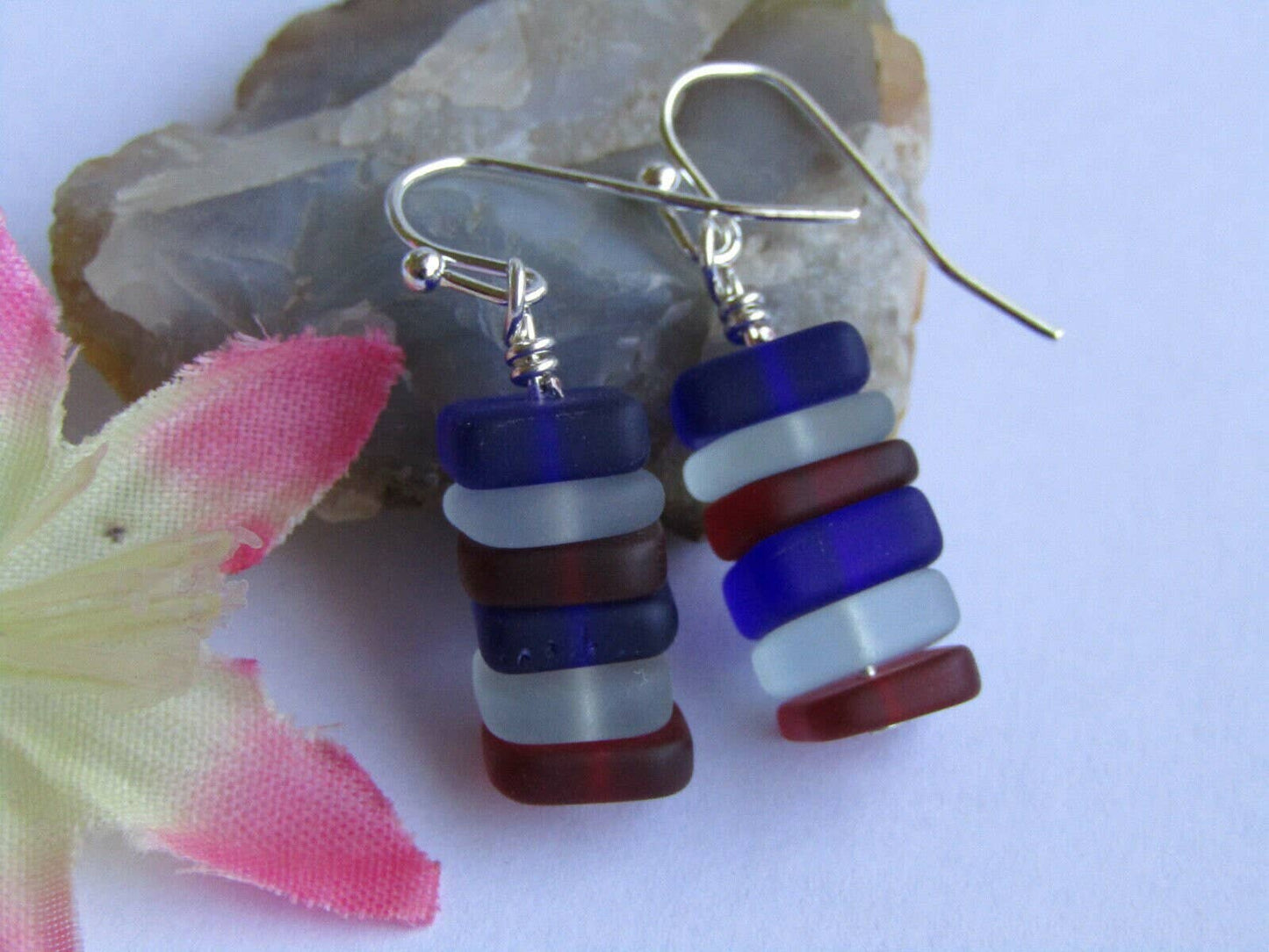 Handmade Stacked Red, White & Blue Sea Glass Beach Stone Pebble Silver Earrings