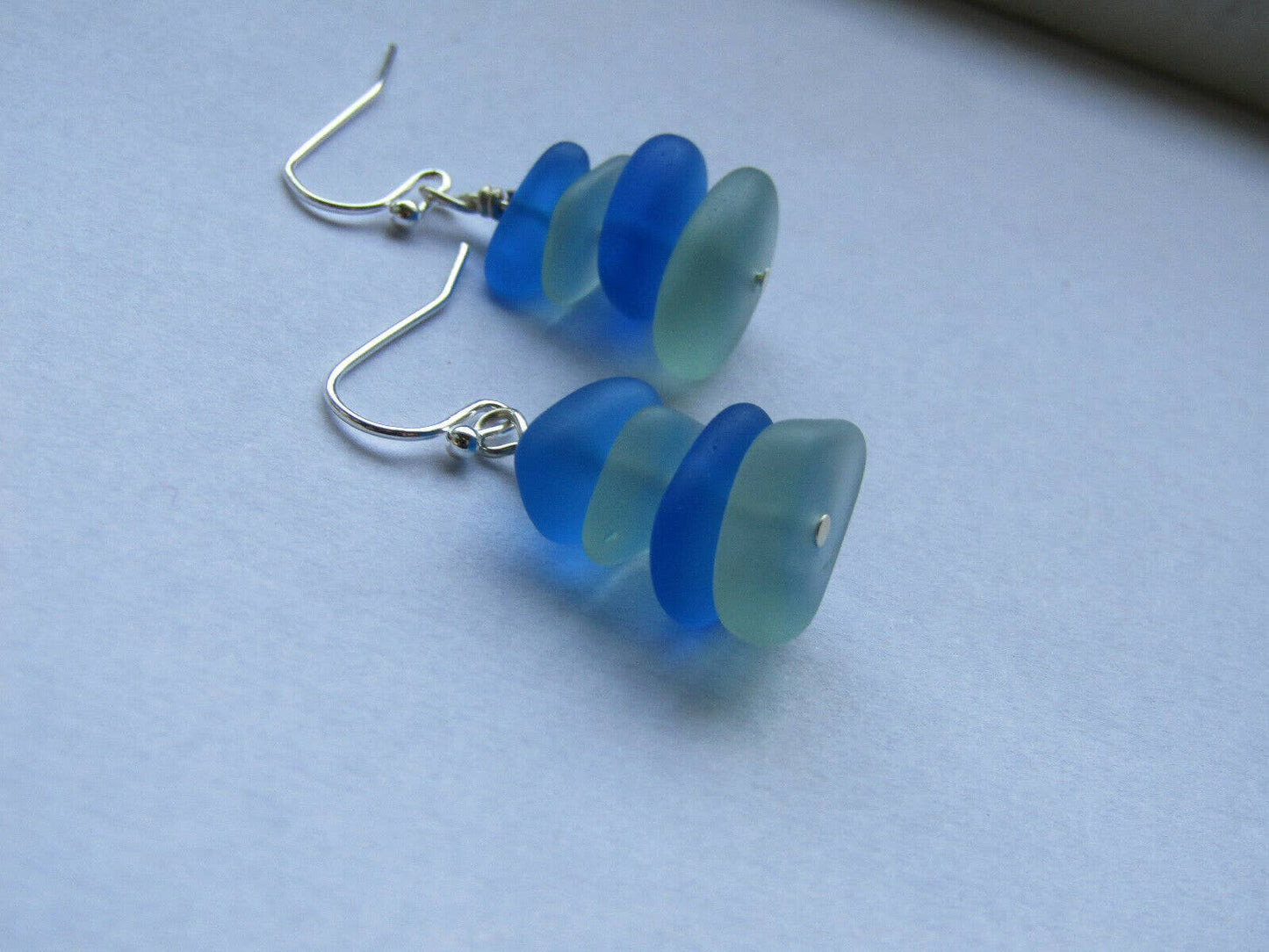 Light Blue & Dark Blue Sea Glass Pebble Earrings Silver Plated