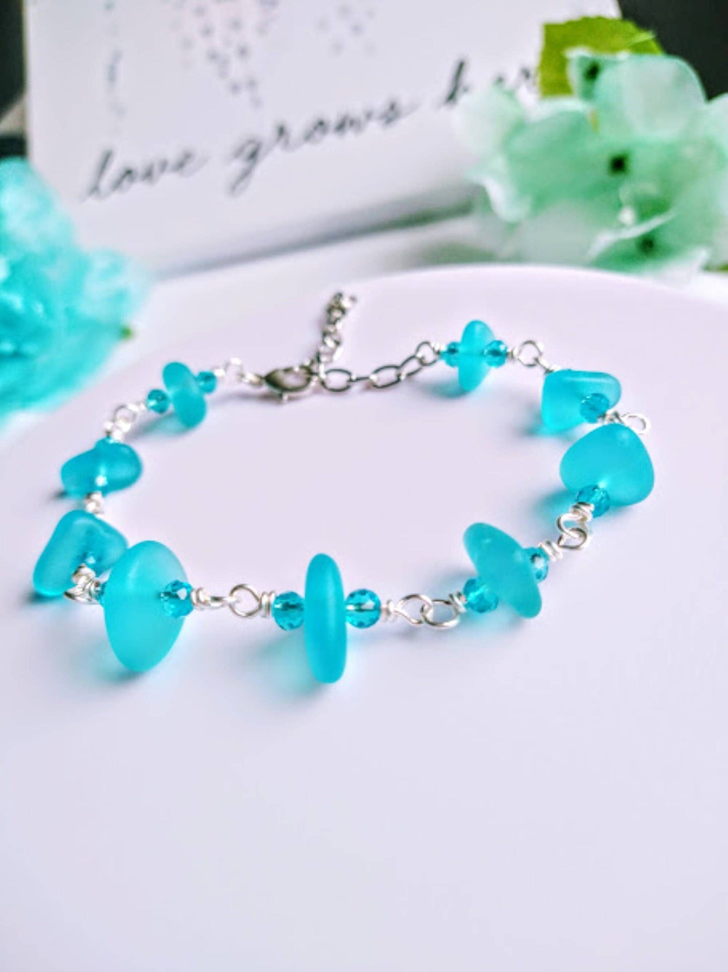 Caribbean Blue Sea Glass "loop" Silver Snake Chain Necklace