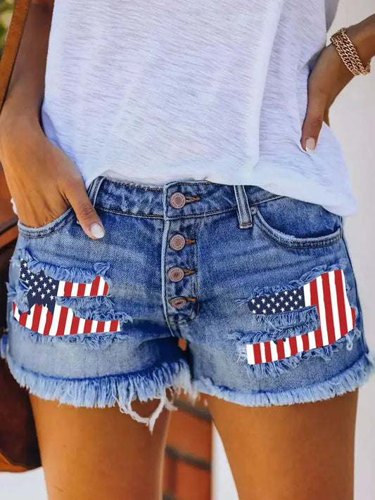 The Fourth of July Stars and Flags Patch Fringe Denim Shorts