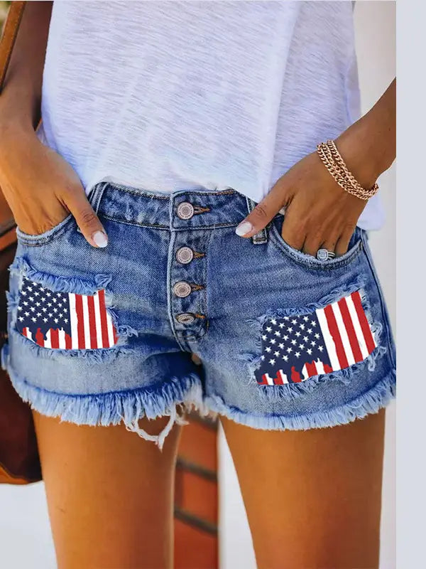 The Fourth of July Stars and Flags Patch Fringe Denim Shorts