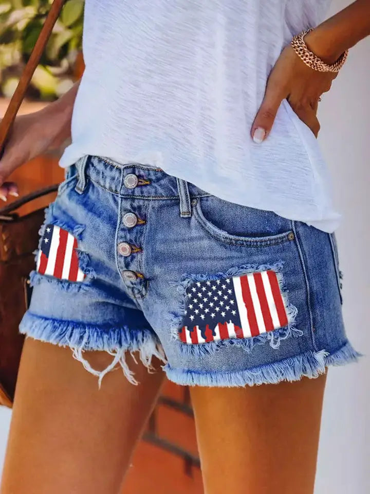 The Fourth of July Stars and Flags Patch Fringe Denim Shorts