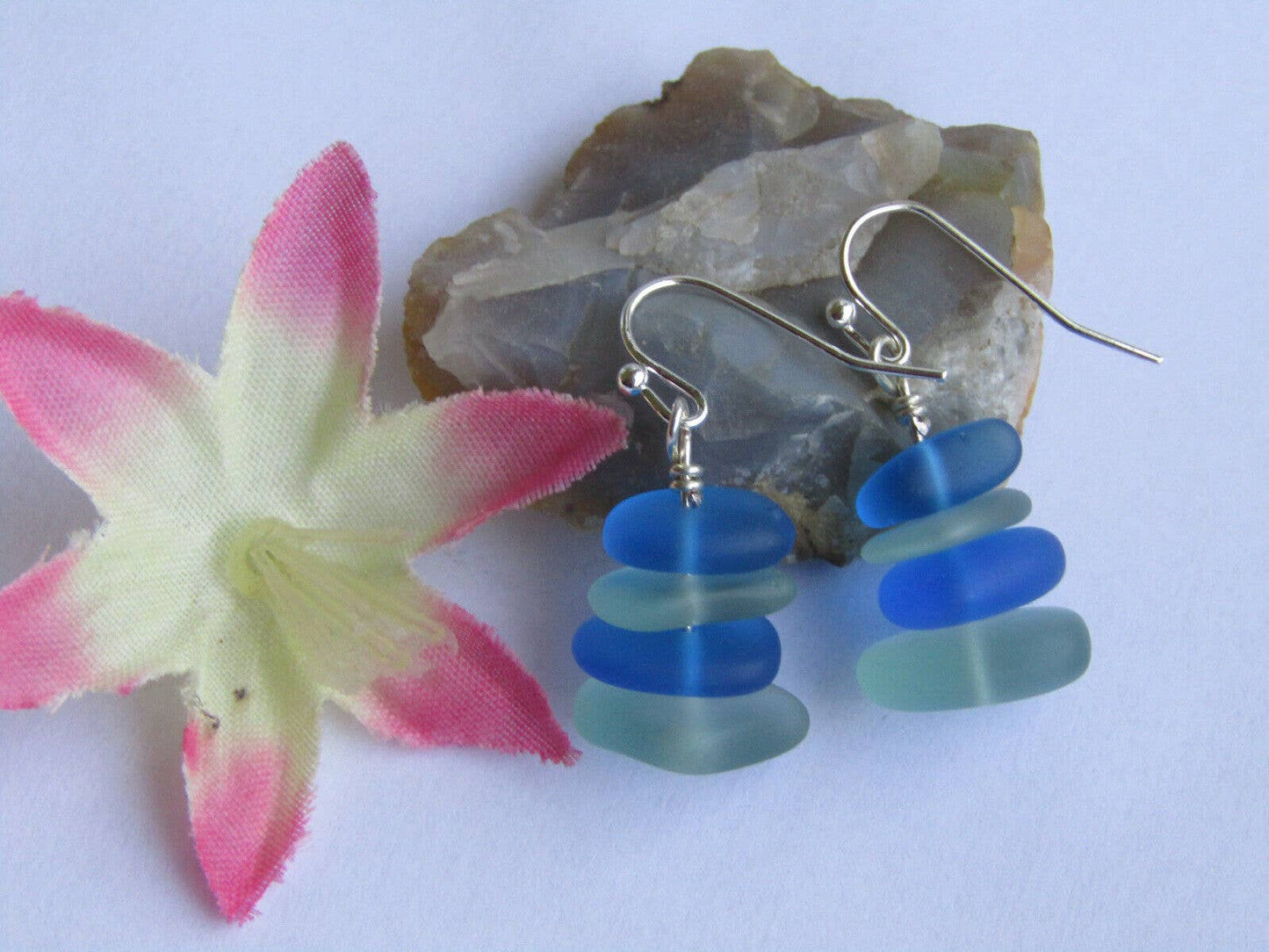 Light Blue & Dark Blue Sea Glass Pebble Earrings Silver Plated