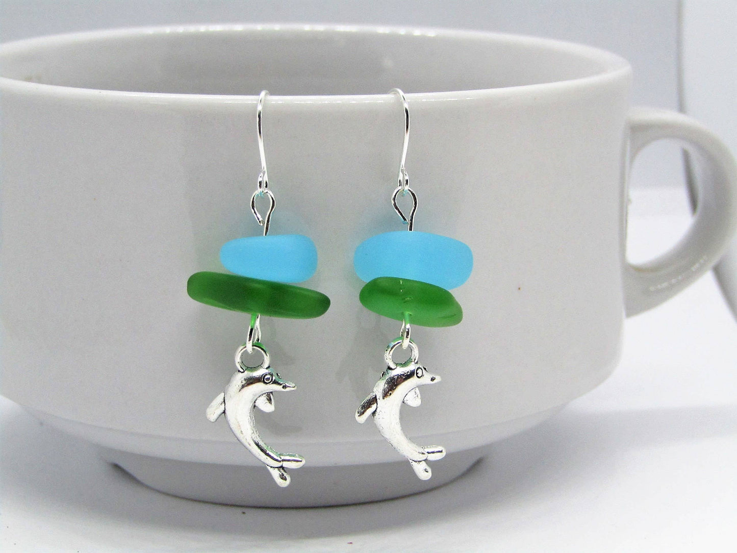 Sea Glass Dolphin Earrings: Sterling Silver, Beach Jewelry