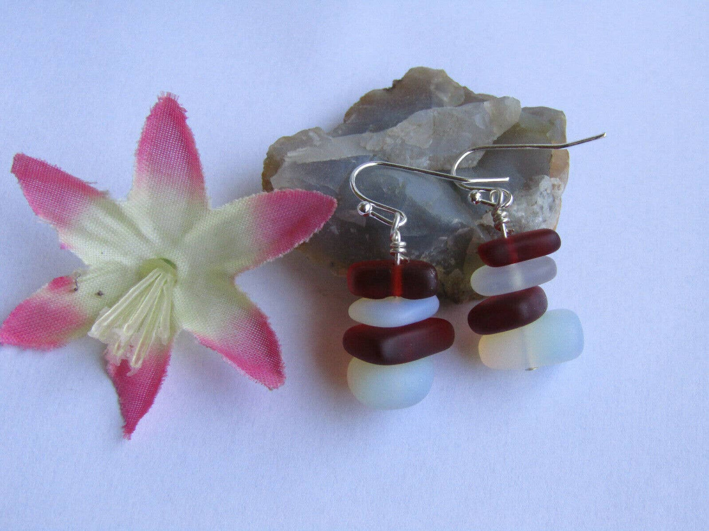 Moonstone Opal & Red Sea Glass Pebble Earrings Silver Plated