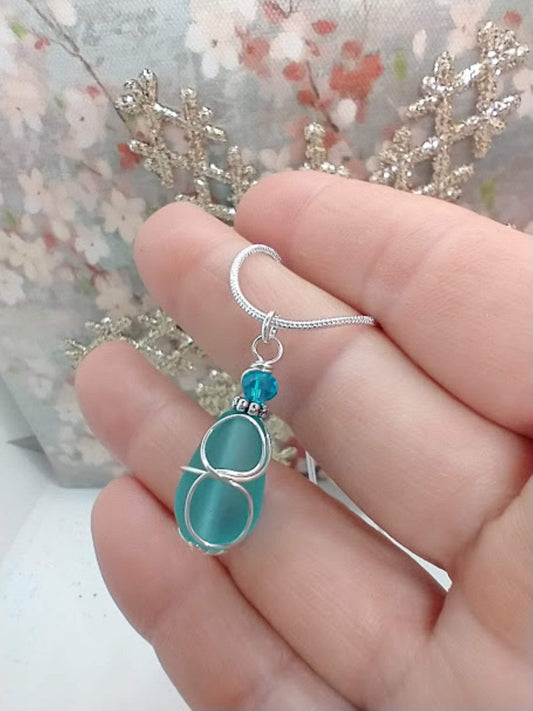 Caribbean Blue Sea Glass "loop" Silver Snake Chain Necklace