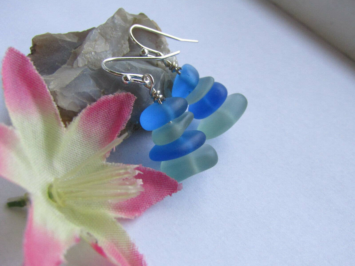Light Blue & Dark Blue Sea Glass Pebble Earrings Silver Plated