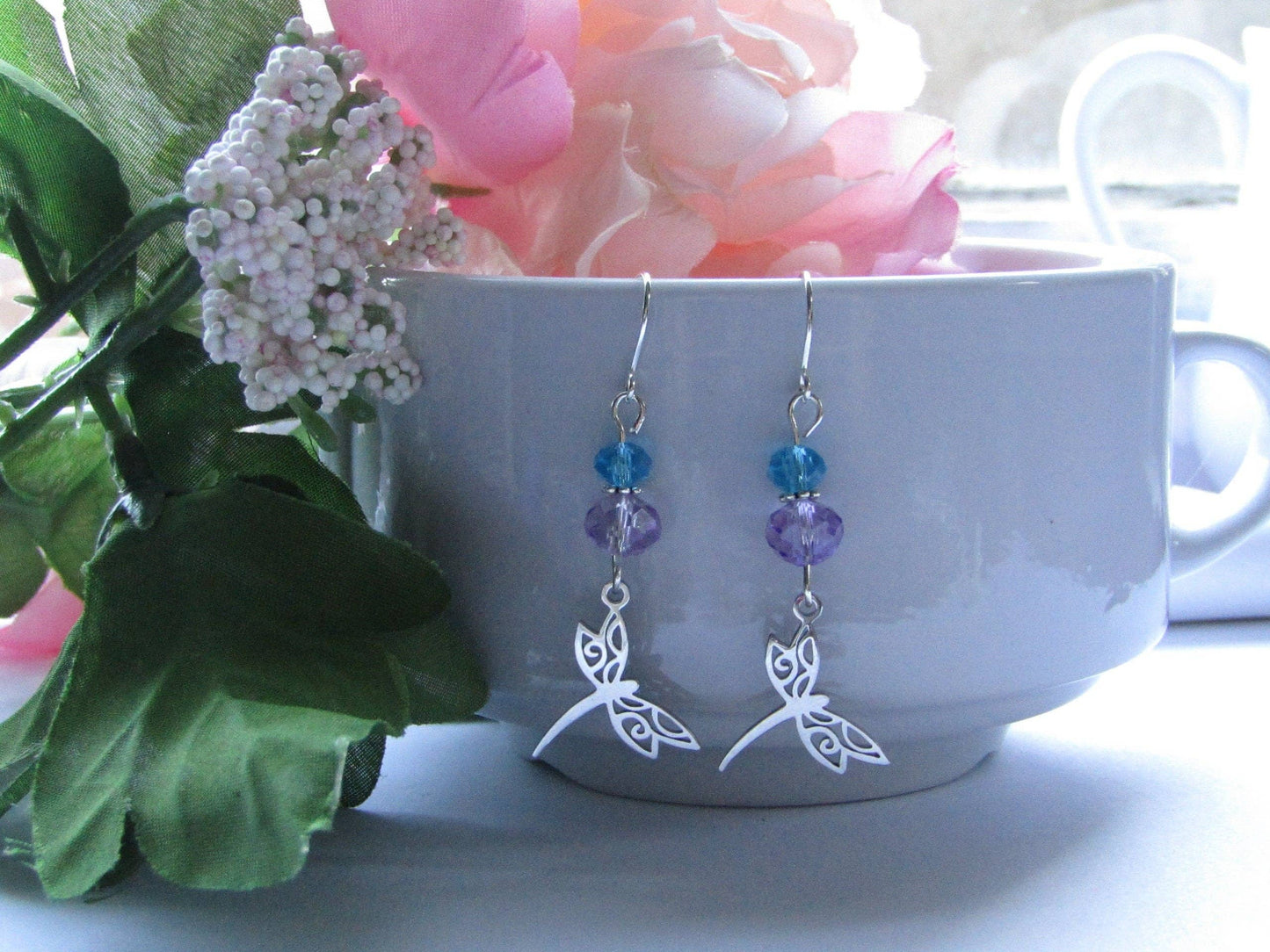 Purple & Blue Glass Stainless Steel Dragonfly Charm Silver Dangle Earrings